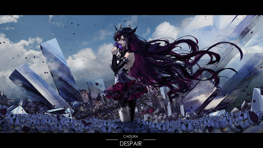 1girl absurdres blue_eyes city covered_mouth detached_sleeves field floating_hair flower flower_field from_behind halter_top halterneck highres holding holding_flower hololive hololive_english horns irys_(hololive) long_hair looking_at_viewer looking_back purple_flower purple_hair purple_skirt single_legging single_thighhigh skirt solo thigh-highs violet_eyes virtual_youtuber vyragami
