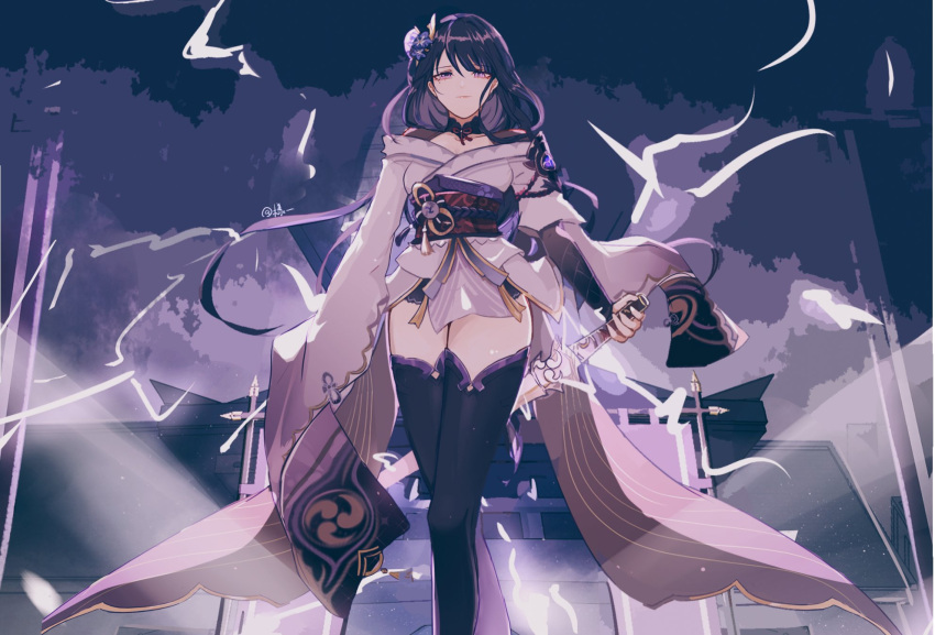 1girl armor bangs braid breasts closed_mouth coattails electricity flower genshin_impact hair_ornament highres holding holding_sword holding_weapon japanese_clothes kimono large_breasts long_hair long_sleeves looking_at_viewer mitsudomoe_(shape) mole mole_under_eye purple_flower purple_hair raiden_(genshin_impact) ribbon sash shoulder_armor solo sword tassel tomoe_(symbol) violet_eyes weapon wide_sleeves yang_yi
