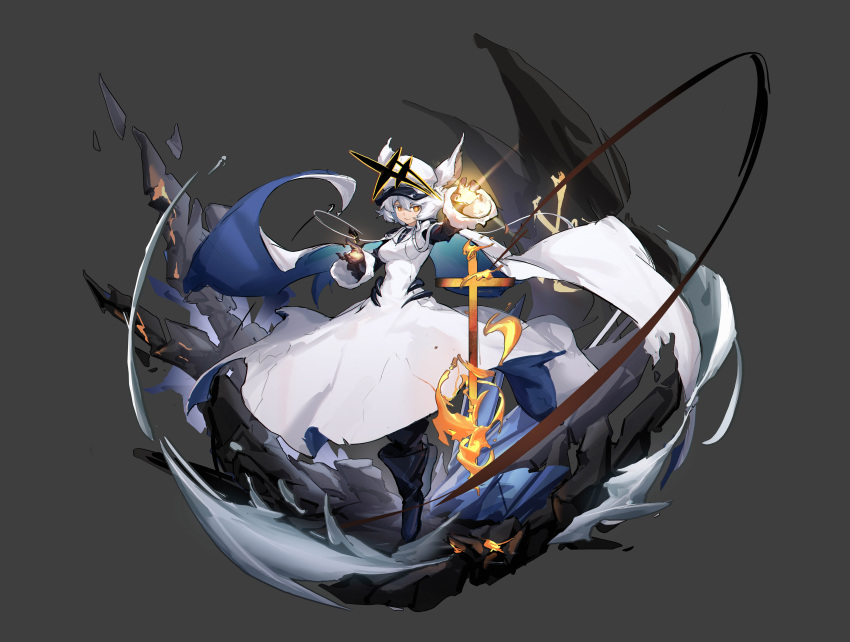 1girl :3 absurdres alchemy_stars animal_ears black_background boots breasts cape dress gloves hat highres looking_at_viewer philyshy_(alchemy_stars) r1zen simple_background solo white_dress white_hair yellow_eyes