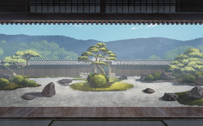 architecture bush choc0_(oda0208) clouds cobblestone courtyard day east_asian_architecture highres mountain original rock rock_garden scenery sky sliding_doors tile_roof tree wooden_floor wooden_wall