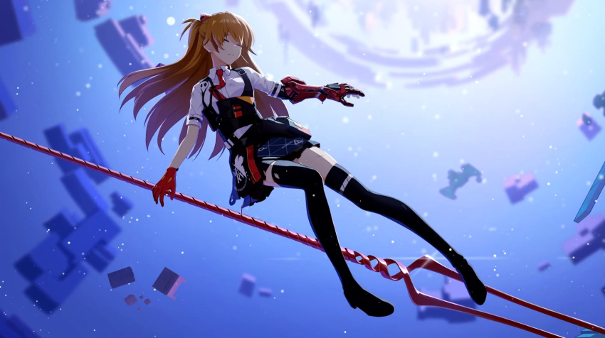 1girl asymmetrical_footwear asymmetrical_gloves black_footwear blue_background blue_skirt boots closed_eyes crossover floating full_body gloves highres holding holding_polearm holding_spear holding_weapon honkai_(series) honkai_impact_3rd long_hair mismatched_gloves necktie neon_genesis_evangelion official_art open_mouth orange_hair polearm polo_shirt red_gloves shirt short_sleeves skirt solo souryuu_asuka_langley spear teeth thigh-highs thigh_boots torn_clothes torn_legwear twintails uneven_footwear weapon white_shirt