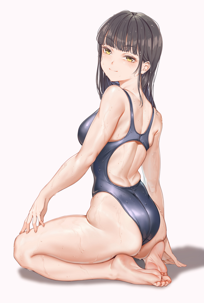 1girl ass back bangs bare_arms bare_legs bare_shoulders barefoot black_hair black_swimsuit blunt_bangs blush breasts commentary competition_swimsuit duplicate eyebrows_visible_through_hair fangxiang_cuoluan feet from_behind full_body highres long_hair looking_at_viewer looking_back medium_breasts one-piece_swimsuit original pixel-perfect_duplicate seiza sitting skindentation soles solo swimsuit symbol-only_commentary toes wet yellow_eyes