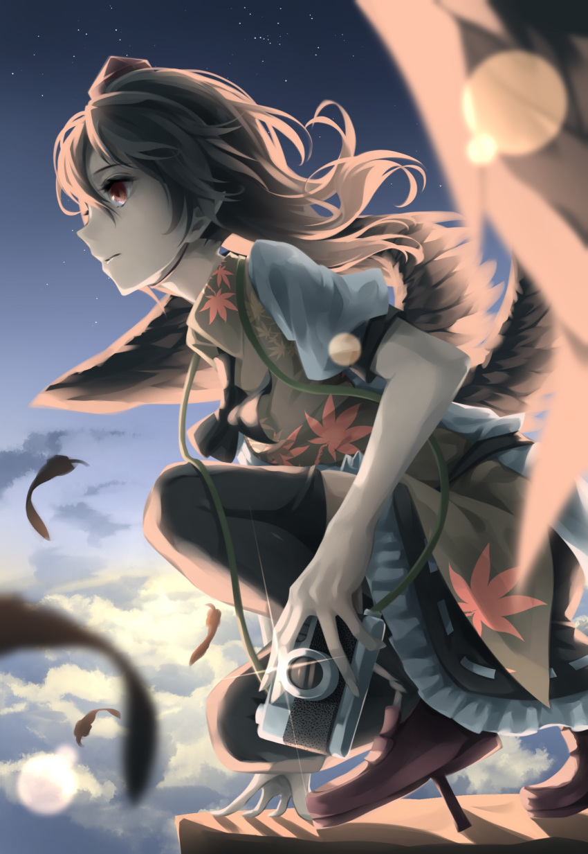 1girl autumn_leaves bangs black_footwear black_hair black_neckwear black_skirt camera closed_mouth clouds cloudy_sky collar feathers gradient_sky hair_between_eyes hat highres leaf leaf_print light looking_to_the_side night night_sky otomeza_ryuseigun pom_pom_(clothes) puffy_short_sleeves puffy_sleeves red_eyes red_footwear red_headwear shadow shameimaru_aya shirt shoes short_hair short_sleeves sitting skirt sky solo sunlight thigh-highs tokin_hat touhou white_shirt wings