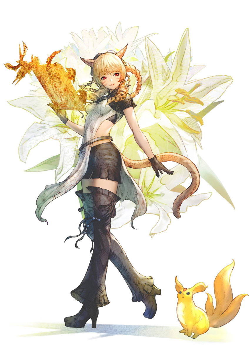 1girl animal_ears bangs black_bra black_footwear black_gloves black_legwear black_skirt blonde_hair book bra braid cat_ears cat_tail commentary drill_locks final_fantasy final_fantasy_xiv floral_background full_body gloves high_heels highres holding holding_book looking_to_the_side miqo'te parted_lips red_eyes scholar_(final_fantasy) shadow shoes shukei side_slit skirt solo tail underwear white_background