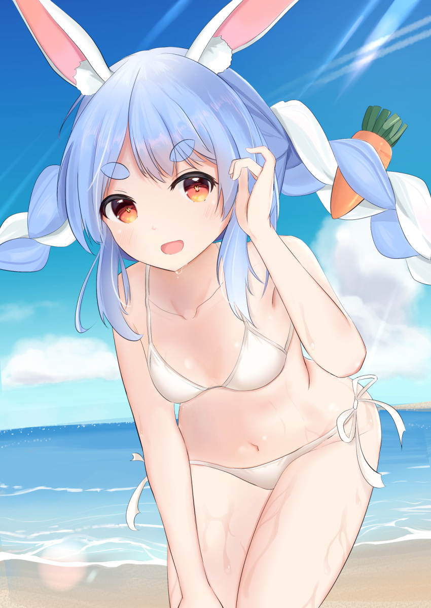 1girl :d animal_ear_fluff animal_ears bangs bare_shoulders beach bikini braid breasts bunny-shaped_pupils carrot_hair_ornament clouds collarbone commentary_request cowboy_shot cumulonimbus_cloud day dropping eyebrows_visible_through_hair food-themed_hair_ornament hair_ornament hand_up highres hololive horizon leaning_forward lens_flare light_blush light_rays looking_at_viewer loreley1k multicolored_hair navel open_mouth orange_eyes outdoors rabbit_ears side-tie_bikini sidelocks small_breasts smile solo swimsuit thick_eyebrows twin_braids twintails two-tone_hair usada_pekora virtual_youtuber water wet white_bikini