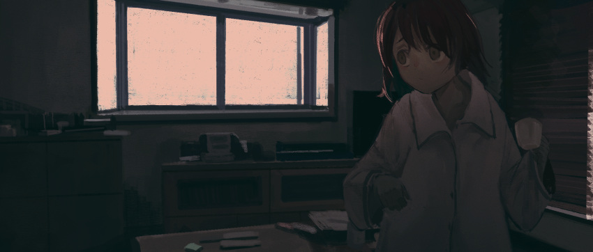 1girl bangs brown_hair closed_mouth coffee_cup commentary cup dark_room daruma_karei disposable_cup english_commentary grey_eyes highres holding holding_cup indoors long_sleeves morning original pajamas shirt short_hair shutter solo table white_shirt window
