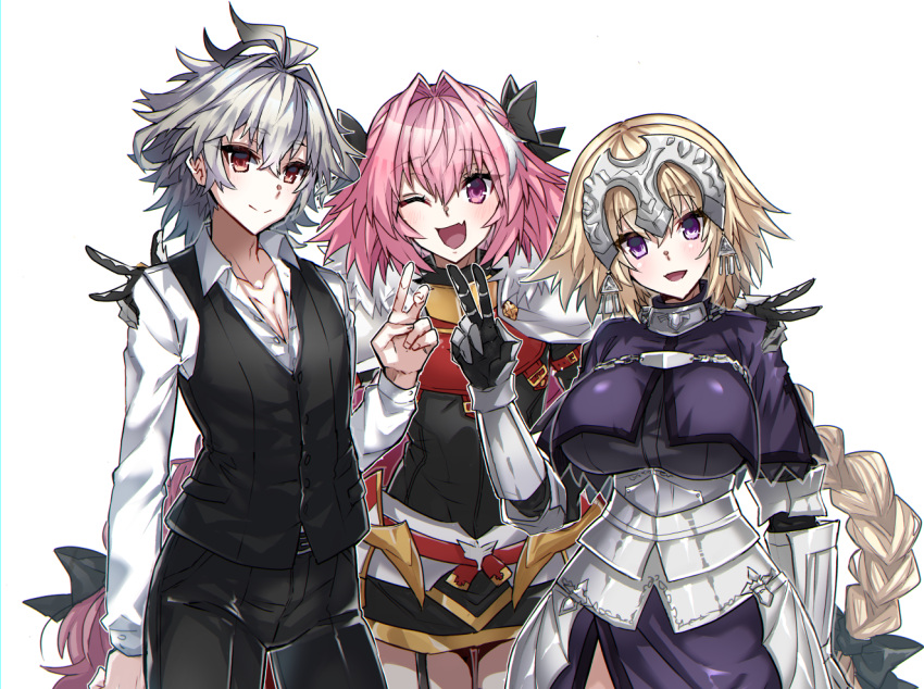1girl 2boys armor astolfo_(fate) blonde_hair braid braided_ponytail breasts commentary_request cowboy_shot eyebrows_visible_through_hair fang fate/apocrypha fate_(series) grey_hair hair_between_eyes haoro jeanne_d'arc_(fate) jeanne_d'arc_(fate)_(all) large_breasts long_hair long_sleeves looking_at_viewer multiple_boys one_eye_closed open_mouth otoko_no_ko pink_hair red_eyes sieg_(fate) simple_background skin_fang smile tongue v violet_eyes white_background