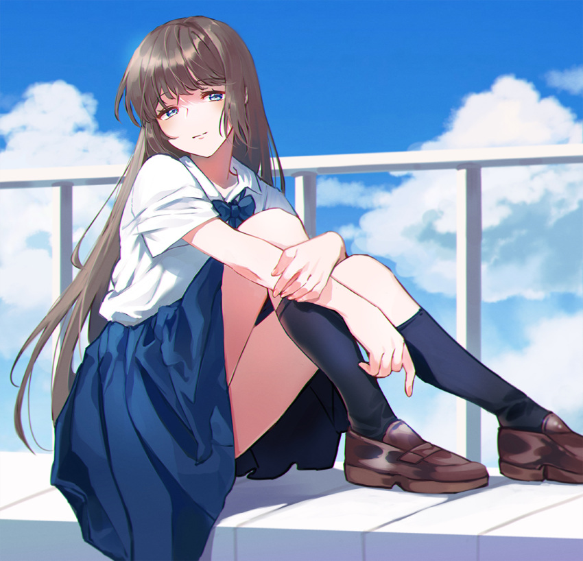 1girl bangs black_legwear blue_bow blue_neckwear blue_skirt blue_sky bow bowtie brown_footwear brown_hair closed_mouth clouds collared_shirt green_eyes knees_up loafers long_hair original oso_5425 outdoors pleated_skirt school_uniform shirt shoes short_sleeves sitting skirt sky socks solo white_shirt