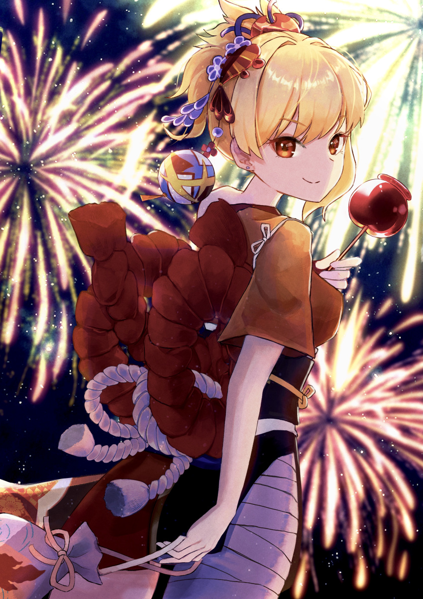 1girl absurdres bandaged_leg bandages bangs blonde_hair blurry candy_apple commentary_request depth_of_field eyebrows_visible_through_hair festival fireworks food from_behind genshin_impact gwxx3435 hair_between_eyes hair_ornament highres holding holding_food japanese_clothes long_hair looking_at_viewer looking_back night night_sky obi orange_eyes ponytail rope sash shimenawa sidelocks sky smile solo tasuki yoimiya_(genshin_impact)