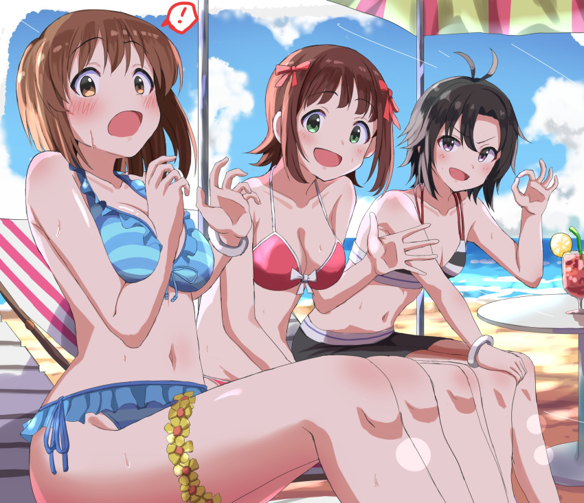 3girls amami_haruka beach beach_chair bikini black_eyes black_hair blue_bikini blue_sky blush brown_eyes brown_hair commentary_request day green_eyes hagiwara_yukiho hair_ribbon haruki_(haruki678) highres idolmaster kikuchi_makoto looking_at_viewer medium_hair multiple_girls navel ocean red_bikini ribbon short_hair sky string_bikini swimsuit