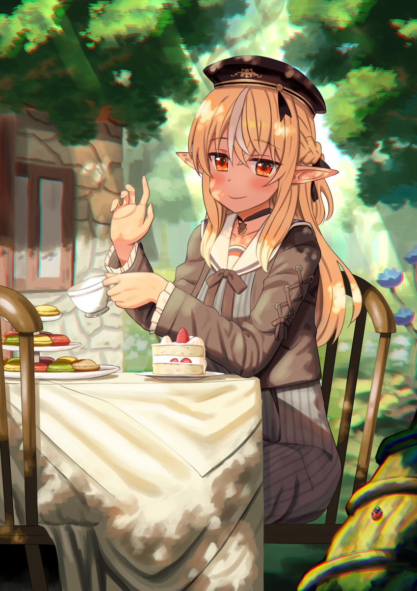 1girl absurdres blonde_hair braid brown_jacket bug cake chair chromatic_aberration cup dark_skin dorianpanda elf food hat highres hololive insect jacket ladybug macaron pointy_ears red_eyes sailor_collar shiranui_flare sitting smile solo strawberry_shortcake sunlight table teacup tree tree_shade