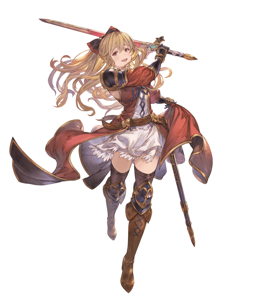 1girl absurdres black_legwear blonde_hair boots bow dress full_body gauntlets granblue_fantasy granblue_fantasy_versus hair_bow highres holding holding_sword holding_weapon knee_boots long_hair looking_at_viewer official_art ponytail red_eyes sheath short_dress skirt solo sword thigh-highs transparent_background vira_lilie weapon zettai_ryouiki