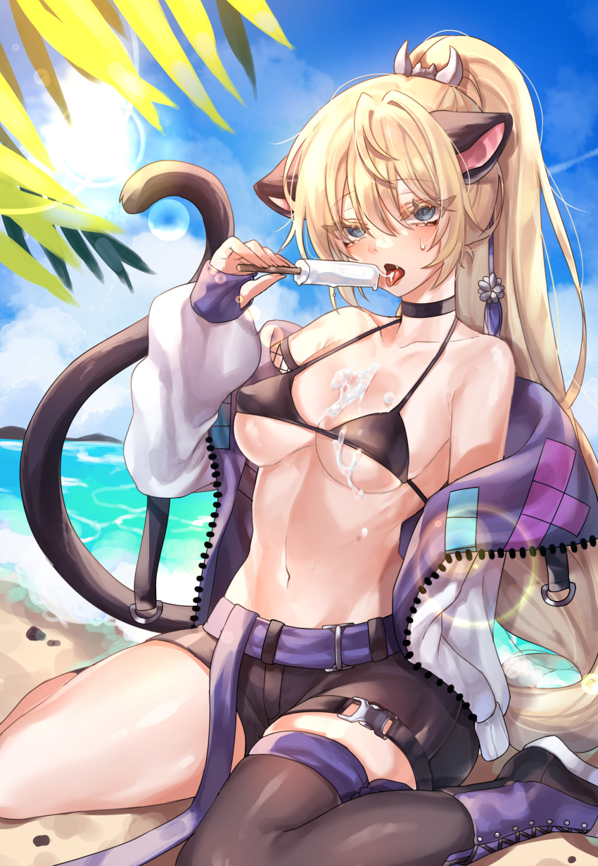 absurdres animal_ears bare_shoulders beach belt bikini bikini_top black_bikini black_footwear black_legwear blonde_hair blue_eyes blue_sky breasts cat_ears choker clouds cloudy_sky collarbone commission eyebrows_visible_through_hair eyes_visible_through_hair fang food hair_between_eyes highres holding holding_food hot jacket kithera long_hair melting mountain multicolored multicolored_clothes ocean open_clothes open_jacket open_mouth original outdoors patterned patterned_clothing pebble ponytail popsicle purple_footwear sand silhouette sitting skindentation sky summer sun sweat swimsuit tail tetris thighs tongue tongue_out very_long_hair wariza water white_jacket zipper