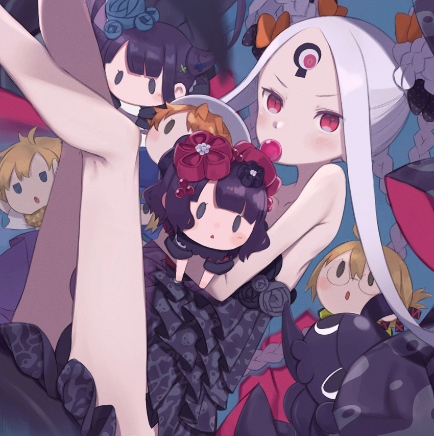 1girl abigail_williams_(fate) bangs bare_shoulders black_dress blush bow breasts colored_skin double_bun dress fate/grand_order fate_(series) forehead heroic_spirit_tour_outfit highres keyhole long_hair looking_at_viewer multiple_bows parted_bangs red_eyes sidelocks small_breasts solo thighs third_eye totatokeke very_long_hair white_hair white_skin