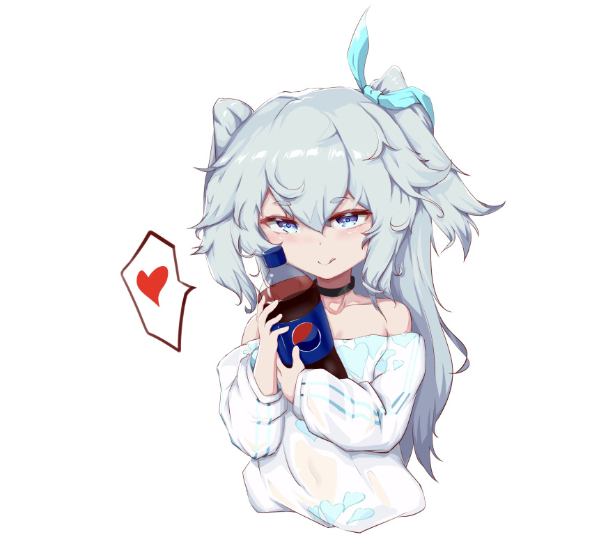 1girl 1z10 :p absurdres bare_shoulders blue_eyes choker collarbone girls_frontline heart heart-shaped_pupils highres light_blue_hair long_hair pa-15_(girls_frontline) pajamas pepsi solo symbol-shaped_pupils tongue tongue_out very_long_hair