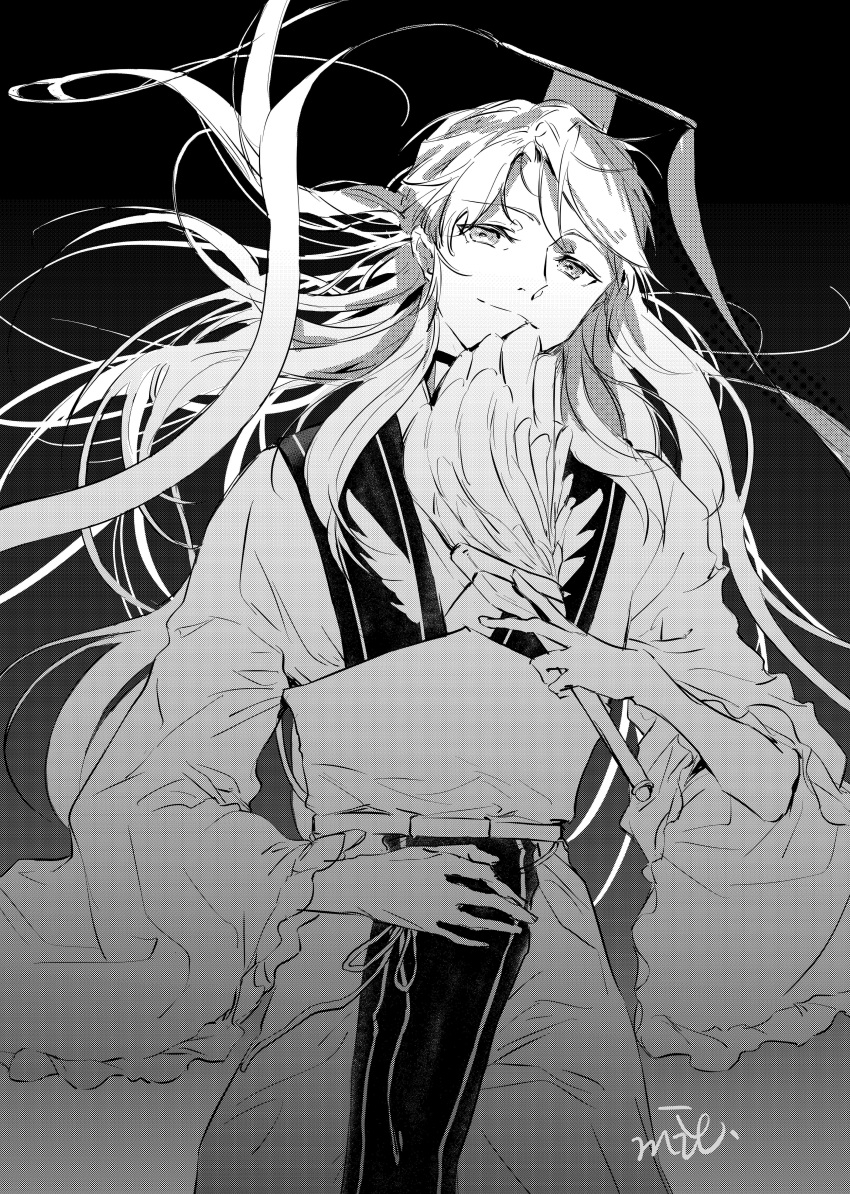 1boy absurdres back_arrow chinese_clothes commentary gradient gradient_background greyscale hand_fan hat hat_ribbon headwear highres huge_filesize long_hair looking_at_viewer male_focus monochrome ribbon shu_bi simple_background smile solo very_long_hair white2013 wide_sleeves