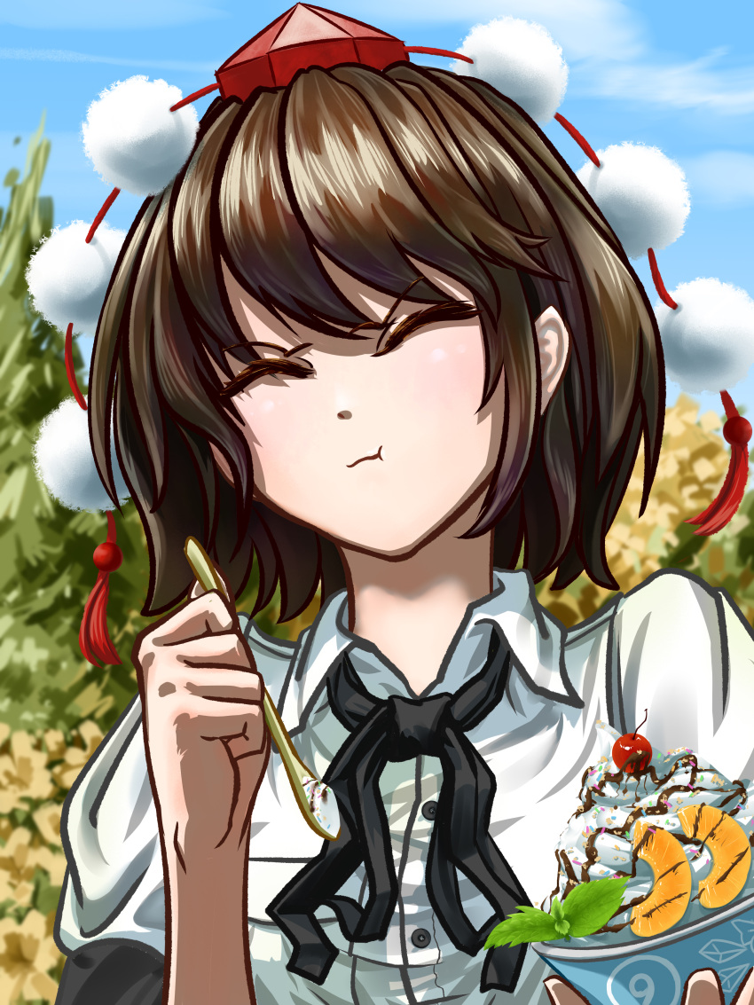 1girl absurdres bangs black_bow black_neckwear blue_sky bow bowtie breasts brown_hair buttons cherry closed_eyes closed_mouth clouds cloudy_sky collar eating eyebrows_visible_through_hair fasnakegod food fruit hair_between_eyes hands_up hat highres holding ice_cream leaf medium_breasts orange_(food) pocket pom_pom_(clothes) puffy_short_sleeves puffy_sleeves red_headwear shameimaru_aya shirt short_hair short_sleeves sky smile solo spoon tokin_hat touhou tree white_shirt