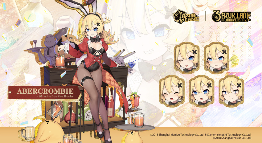 1girl ;p abercrombie_(azur_lane) abercrombie_(mischief_on_the_rocks)_(azur_lane) animal_ears artist_request azur_lane bar_stool beer_mug bird black_legwear black_leotard black_neckwear blonde_hair blue_eyes bottle bow bowtie character_name chick chili_pepper closed_eyes cocktail_glass copyright_name covered_navel cup drinking_glass expressions fake_animal_ears hair_ornament highres holding holding_cup holding_tray jacket leotard long_hair manjuu_(azur_lane) meowfficer_(azur_lane) mug official_alternate_costume official_art one_eye_closed open_mouth panda pantyhose playboy_bunny promotional_art rabbit_ears red_jacket smile solo stool strapless strapless_leotard thigh_strap tongue tongue_out tray x_hair_ornament zoom_layer