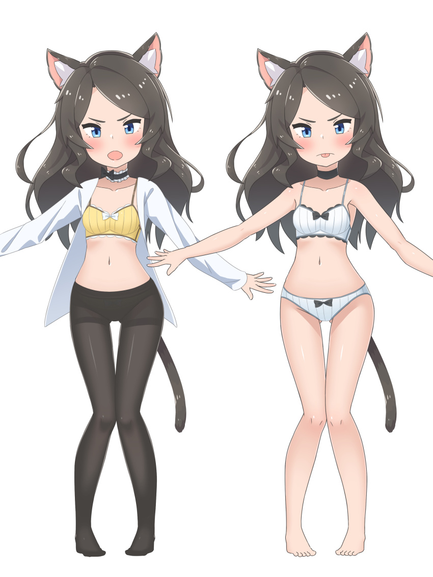 1girl :p absurdres animal_ear_fluff animal_ears ass_visible_through_thighs barefoot black_choker black_legwear blue_eyes blush bow bow_bra bow_panties bra breasts brown_hair cat_ears cat_tail choker highres knees_together_feet_apart long_hair long_sleeves looking_at_viewer multiple_views navel nekoze_(s22834712) open_clothes open_mouth open_shirt original outstretched_arms panties pantyhose shirt small_breasts spread_arms tail thigh_gap thighband_pantyhose tongue tongue_out tu_ya_(nekoze) underwear underwear_only white_bra white_panties white_shirt yellow_bra