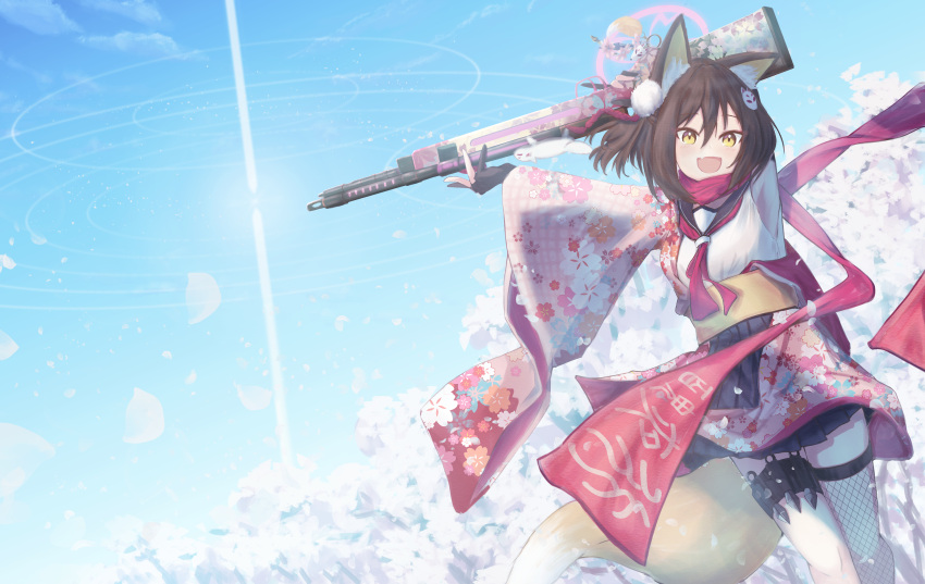 1girl absurdres animal_ears armpits arms_up asa_heizo black_hair blue_archive fang fox_ears hair_ornament halo highres huge_filesize izuna_(blue_archive) japanese_clothes kimono kimono_skirt looking_at_viewer open_mouth scarf school_swimsuit sky solo sun swimsuit weapon yellow_eyes