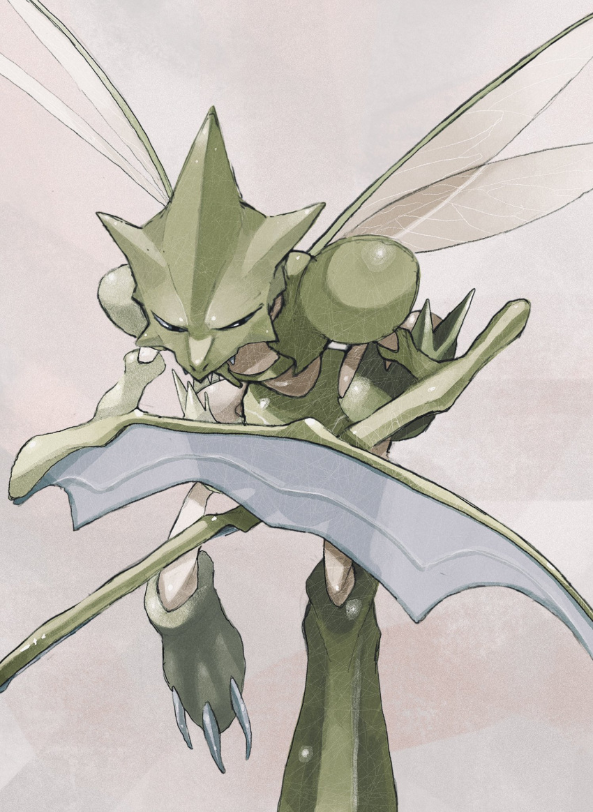 claws commentary_request fangs fangs_out gen_1_pokemon gogot grey_eyes half-closed_eyes highres looking_to_the_side no_humans pokemon pokemon_(creature) scratches scyther solo