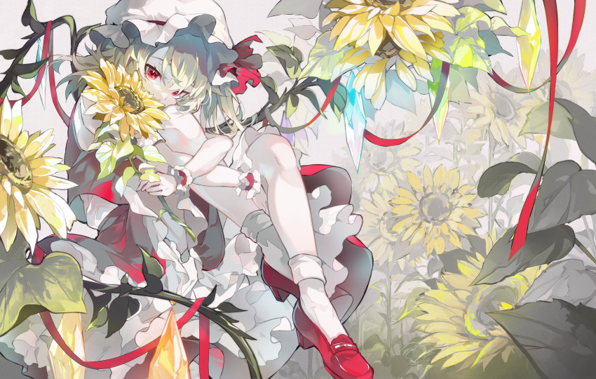 1girl absurdres bangs blonde_hair crossed_arms crystal eyebrows_visible_through_hair flandre_scarlet flower frills grey_background hair_between_eyes hat hat_ribbon highres kyusoukyu leaf light looking_at_viewer mob_cap multicolored multicolored_wings one_side_up puffy_short_sleeves puffy_sleeves red_eyes red_footwear red_ribbon red_skirt red_vest ribbon shadow shirt shoes short_hair short_sleeves sitting skirt socks solo sunflower touhou vest white_headwear white_legwear white_shirt wings wrist_cuffs yellow_flower