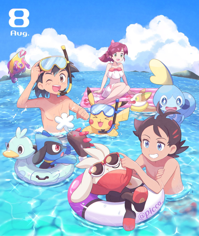 1girl 2boys ash_ketchum barefoot black_hair blue_eyes bruxish chloe_(pokemon) clouds commentary_request dated day ducklett gen_1_pokemon gen_4_pokemon gen_5_pokemon gen_7_pokemon gen_8_pokemon goh_(pokemon) green_eyes highres innertube long_hair mei_(maysroom) multiple_boys navel on_head open_mouth outdoors pikachu pokemon pokemon_(anime) pokemon_(creature) pokemon_on_head pokemon_swsh_(anime) pyukumuku raboot redhead revision riolu shirtless sitting sky snorkel sobble sunglasses swimming swimsuit teeth tongue water yamper