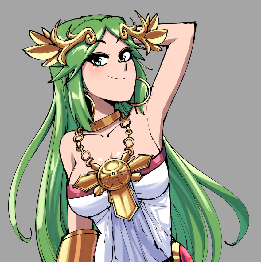 1girl bare_shoulders breasts closed_mouth commentary dress gingrjoke green_eyes green_hair grey_background hand_in_hair highres jewelry kid_icarus kid_icarus_uprising large_breasts long_hair looking_at_viewer necklace palutena pendant smile solo strapless strapless_dress tiara very_long_hair