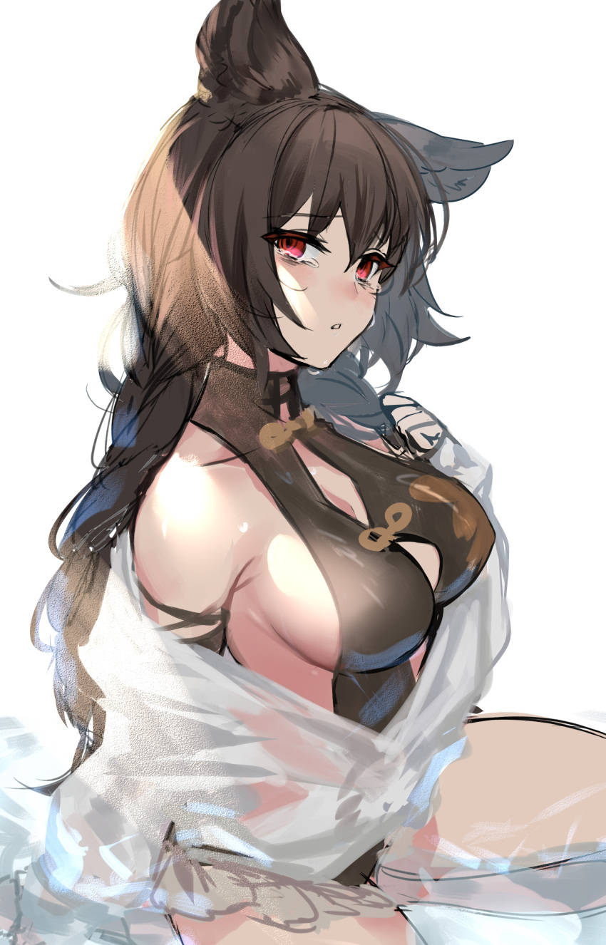 1girl absurdres aki663 animal_ears bags_under_eyes black_hair braid breasts erune granblue_fantasy halterneck highres looking_at_viewer medium_breasts nier_(granblue_fantasy) open_mouth red_eyes sideboob single_braid solo tears