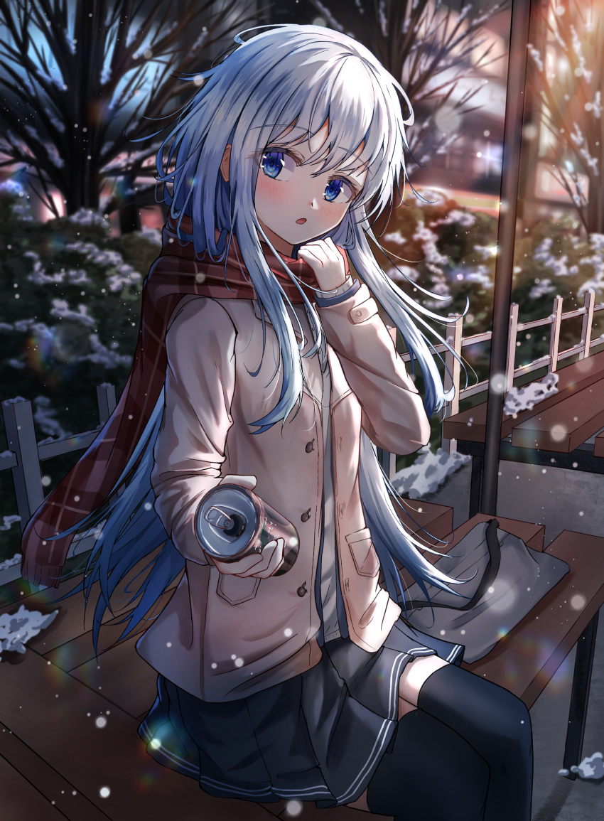 1girl absurdres bench black_legwear black_skirt blue_eyes blush can coat dfd eyebrows_visible_through_hair hair_between_eyes hibiki_(kancolle) highres holding holding_can kantai_collection long_hair long_sleeves open_clothes open_coat open_mouth pleated_skirt red_scarf scarf silver_hair sitting skirt snow solo thigh-highs white_coat