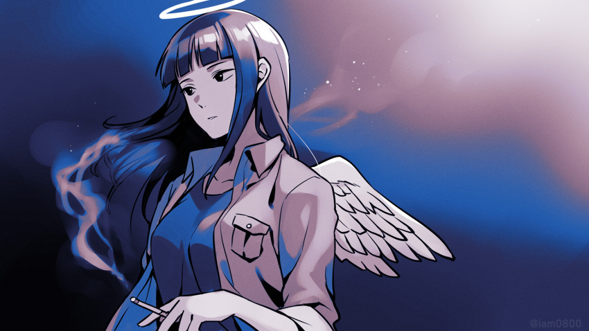 1girl angel angel_wings asada_hachi bangs banned_artist black_eyes blue_background blue_shirt blunt_bangs breasts cigarette collarbone commentary feathered_wings from_side gradient gradient_background grey_jacket grey_wings haibane_renmei halo highres holding holding_cigarette jacket limited_palette long_hair mini_wings open_clothes open_jacket parted_lips reki_(haibane) shiny shiny_hair shirt simple_background sleeves_rolled_up smoke smoking solo twitter_username upper_body watermark wings