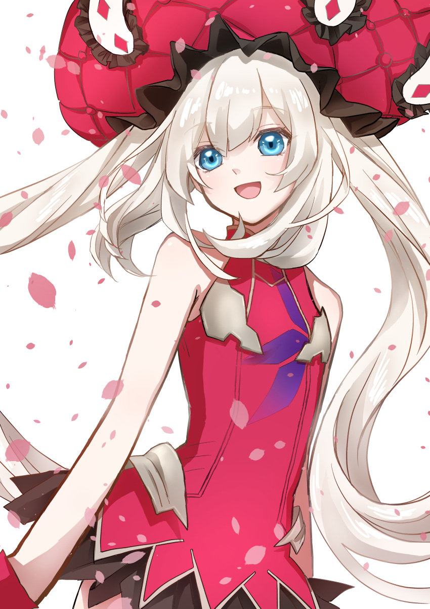 1girl bangs bare_shoulders blue_eyes blush breasts dress fate/grand_order fate_(series) frilled_hat frills gloves hat headpiece large_breasts large_hat leaning_forward long_hair looking_at_viewer marie_antoinette_(fate/grand_order) nemu_ia outstretched_arm red_dress red_gloves red_headwear short_dress silver_hair smile thighs twintails very_long_hair