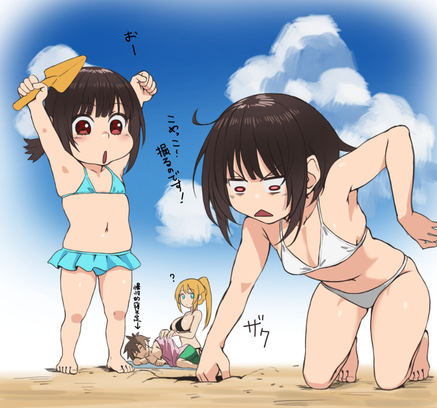 1boy 3girls arms_up bangs barefoot beach bikini black_hair blonde_hair breasts commentary_request darkness_(konosuba) day highres izawa_koushi komekko kono_subarashii_sekai_ni_shukufuku_wo! megumin multiple_girls navel outdoors partial_commentary ponytail red_eyes satou_kazuma short_hair sleeping small_breasts swimsuit translated triangle_mouth