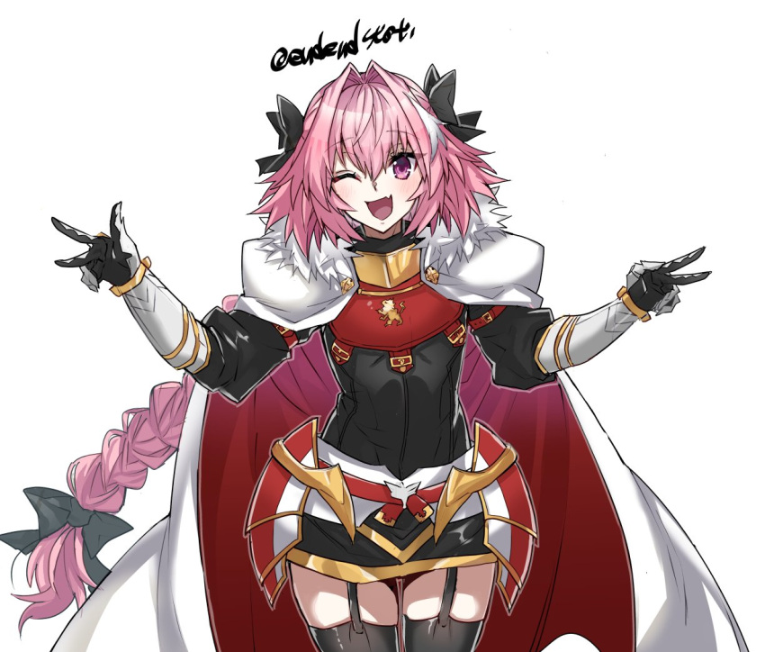 1boy armor artist_name astolfo_(fate) braid braided_ponytail commentary_request cowboy_shot eyebrows_visible_through_hair fang fate/apocrypha fate_(series) hair_between_eyes haoro long_hair looking_at_viewer one_eye_closed open_mouth otoko_no_ko pink_hair simple_background skin_fang smile tongue twitter_username v violet_eyes watermark white_background