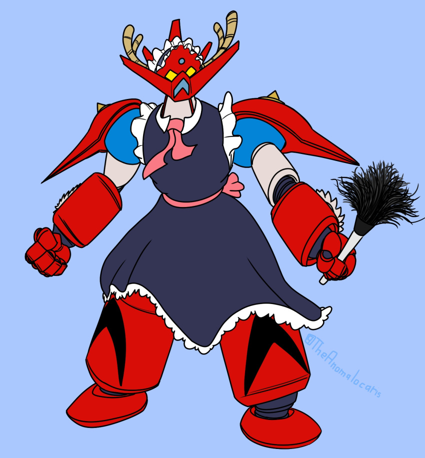 alternate_costume blue_background commentary dragon_horns duster english_commentary enmaided frills full_body getter_dragon getter_robo getter_robo_g highres horns kobayashi-san_chi_no_maidragon maid maid_headdress mecha no_humans parody pun signature simple_background solo spikes theanomalocaris twitter_username yellow_eyes