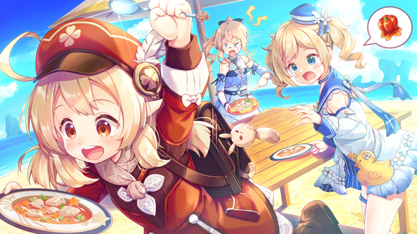 3girls :d ahoge arm_up backpack bag bag_charm bangs barbara_(genshin_impact) barbara_(summertime_sparkle)_(genshin_impact) beach blonde_hair blue_eyes blue_sky blue_swimsuit bow braid brown_footwear brown_gloves brown_scarf cabbie_hat charm_(object) clouds cloudy_sky clover_print coat commentary_request detached_sleeves dodoco_(genshin_impact) eyebrows_visible_through_hair food genshin_impact gloves hair_between_eyes hair_bow hair_ribbon hat highres holding holding_spoon horizon jean_(genshin_impact) jean_(sea_breeze_dandelion)_(genshin_impact) klee_(genshin_impact) light_brown_hair long_hair long_sleeves looking_at_another looking_away low_twintails masaki_kei multiple_girls ocean open_mouth orange_eyes pizza plate pocket pointy_ears ponytail randoseru red_coat red_headwear ribbon scarf sidelocks sky smile spoken_food spoon swimsuit table twin_braids twintails