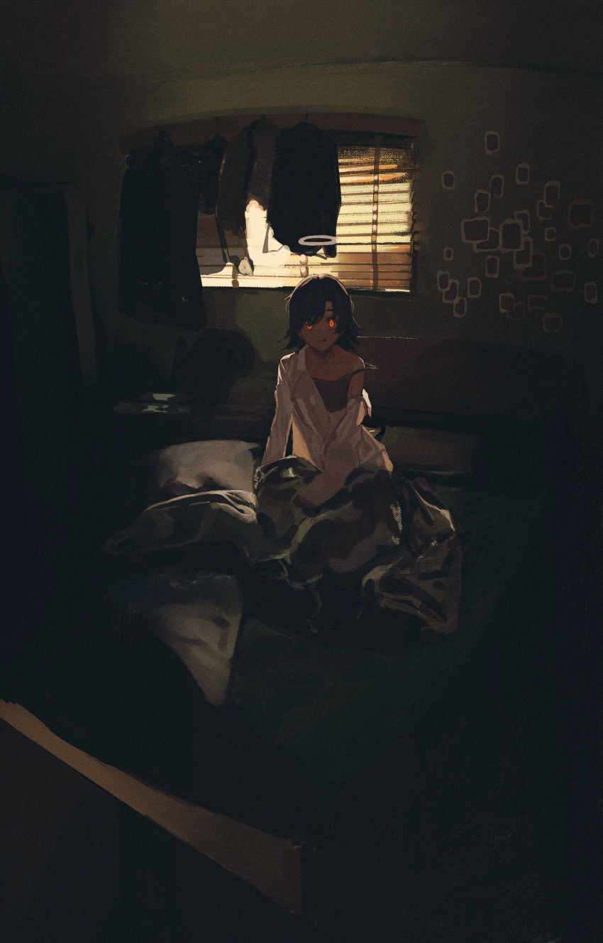 1girl absurdres bedroom black_hair blinds clothes_hanger clothes_removed commentary dark_room daruma_karei english_commentary grey_camisole halo highres indoors looking_at_viewer official_alternate_costume on_bed orange_eyes original photo_(object) shirt short_hair sitting solo strap_slip white_shirt window