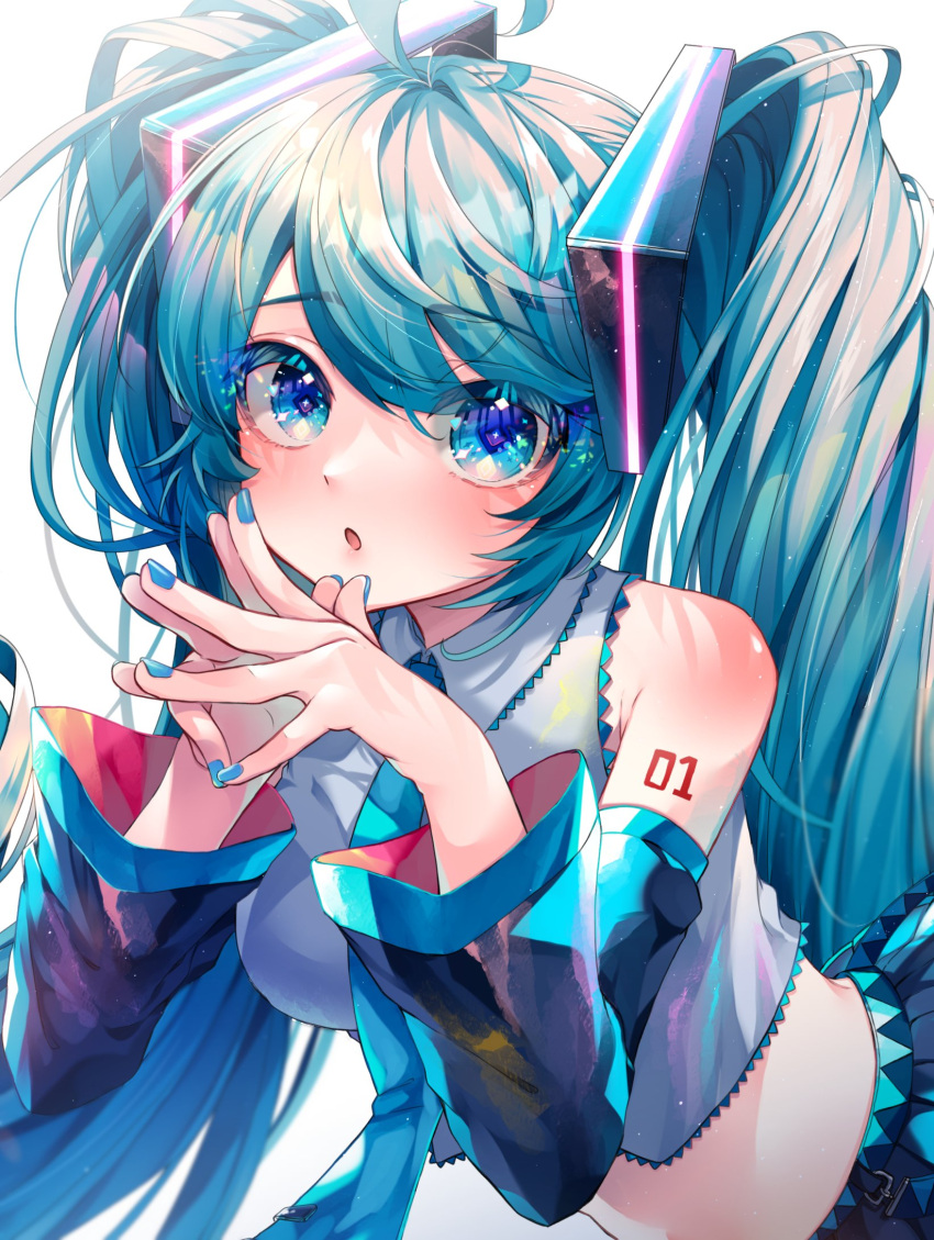 1girl :o alternate_costume aqua_eyes aqua_hair aqua_neckwear bare_shoulders black_skirt black_sleeves blue_nails commentary crop_top detached_sleeves fingers_together grey_shirt hair_ornament hatsune_miku highres leaning_forward long_hair looking_at_viewer nail_polish necktie open_mouth pleated_skirt shirayuki_towa shirt shoulder_blush shoulder_tattoo skirt sleeveless sleeveless_shirt solo steepled_fingers symbol_in_eye tattoo twintails upper_body very_long_hair vocaloid white_background