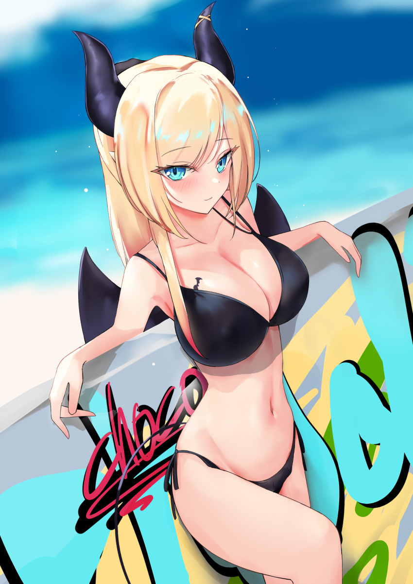 1girl background_text bat_wings bikini blonde_hair blue_eyes blush breasts eyebrows_visible_through_hair eyes_visible_through_hair graffiti highres hololive horns navel pointy_ears rifufu sky smile swimsuit virtual_youtuber wings yuzuki_choco