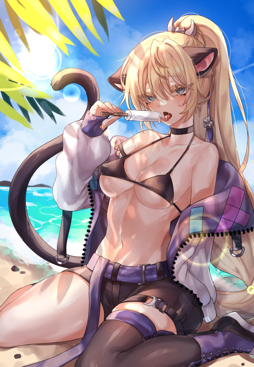 absurdres animal_ears bare_shoulders beach belt bikini bikini_top black_bikini black_footwear black_legwear blonde_hair blue_eyes blue_sky breasts cat_ears choker clouds cloudy_sky collarbone commission eyebrows_visible_through_hair eyes_visible_through_hair fang food hair_between_eyes highres holding holding_food hot jacket kithera long_hair melting mountain multicolored multicolored_clothes ocean open_clothes open_jacket open_mouth original outdoors patterned patterned_clothing pebble ponytail popsicle purple_footwear sand silhouette sitting skindentation sky summer sun sweat swimsuit tail tetris thighs tongue tongue_out very_long_hair wariza water white_jacket