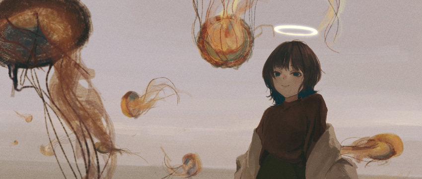 1girl bangs blue_eyes brown_hair brown_shirt closed_mouth commentary daruma_karei english_commentary grey_background halo highres jacket jellyfish looking_at_viewer off_shoulder original shirt short_hair smile solo surreal upper_body white_jacket