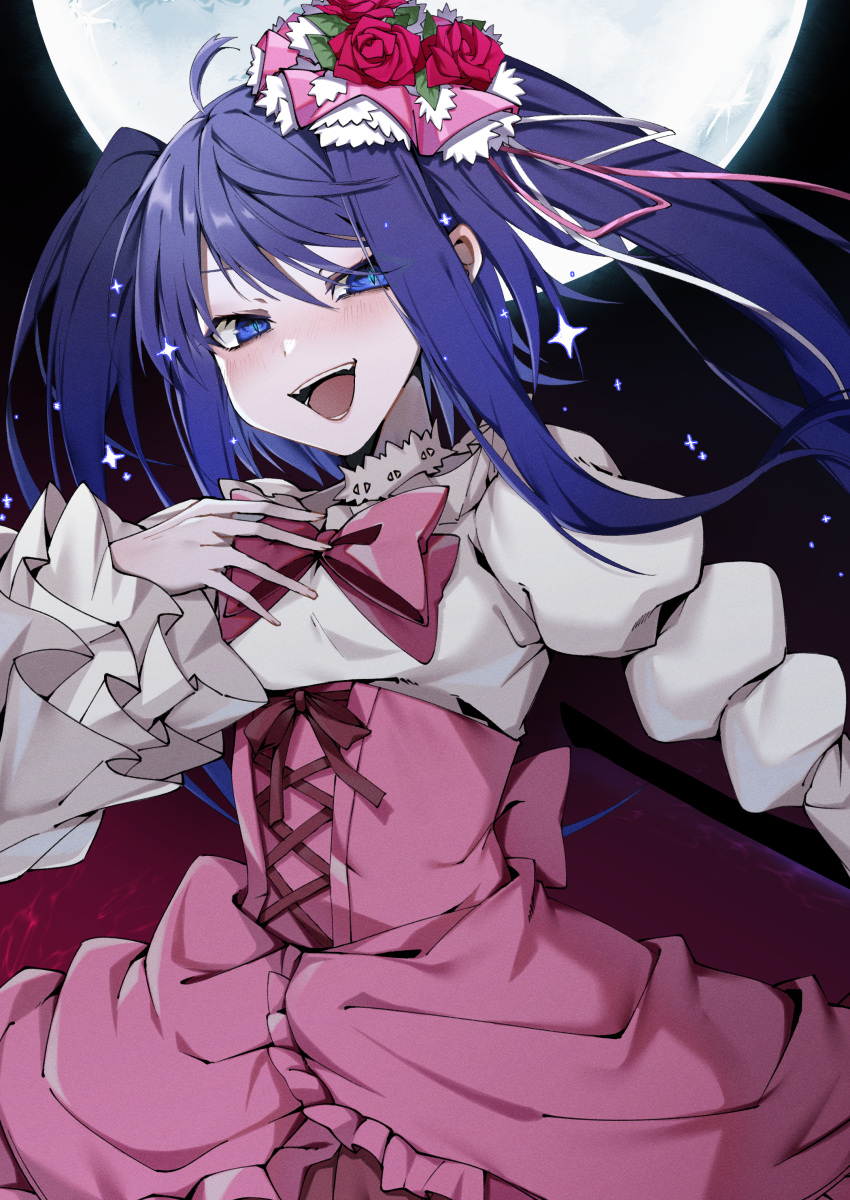 1girl :d absurdres ahoge bangs black_background blue_eyes blue_hair bow bowtie chen_yan commentary_request cowboy_shot dress fangs flower frilled_dress frills furudo_erika glowing hair_flower hair_ornament highres layered_sleeves long_hair long_sleeves looking_at_viewer messy_hair moon night open_mouth outdoors pink_bow pink_dress puffy_long_sleeves puffy_sleeves red_flower red_rose rose simple_background smile solo sparkle twintails umineko_no_naku_koro_ni
