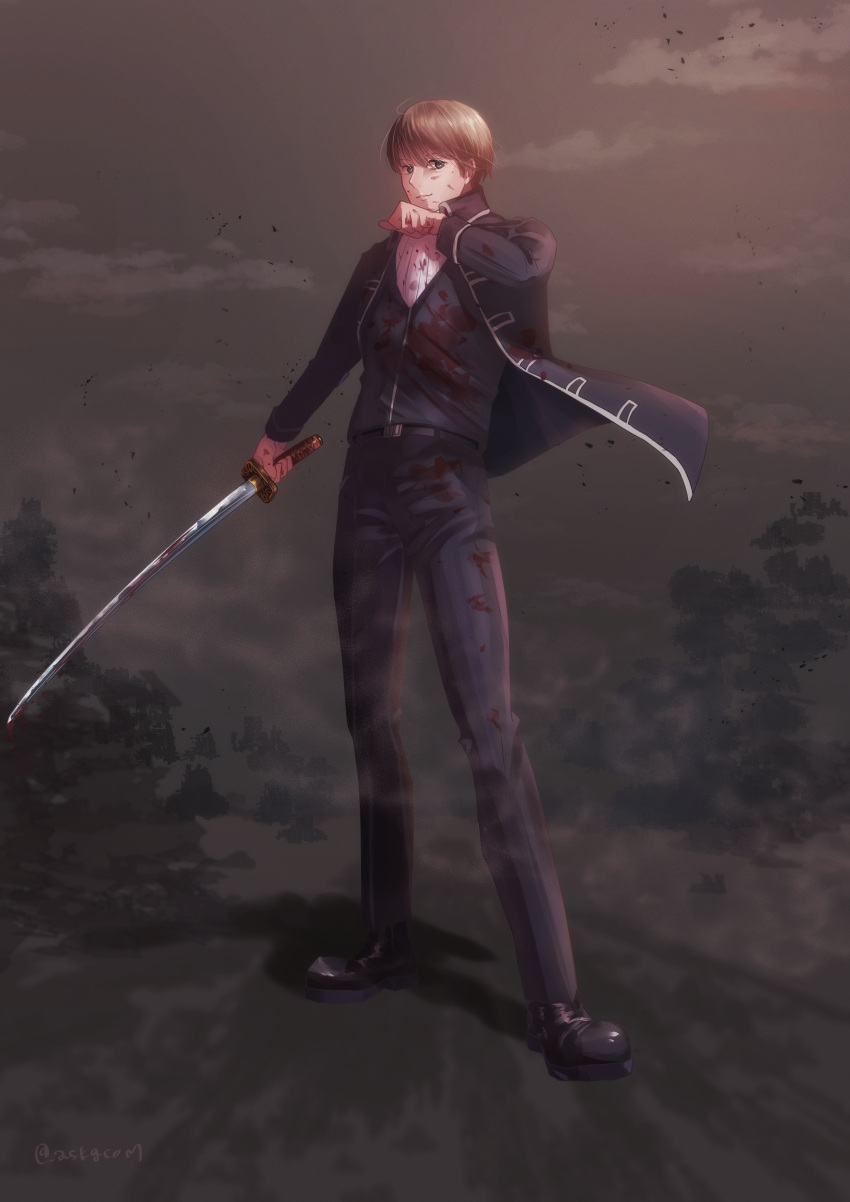 1boy absurdres askgcom black_coat black_pants black_vest blood blood_on_face bloody_weapon brown_eyes brown_hair closed_mouth coat full_body gintama highres holding holding_sword holding_weapon huge_filesize katana long_sleeves looking_at_viewer okita_sougo open_clothes open_coat pants shiny shiny_hair shirt short_hair solo sword twitter_username vest weapon white_shirt