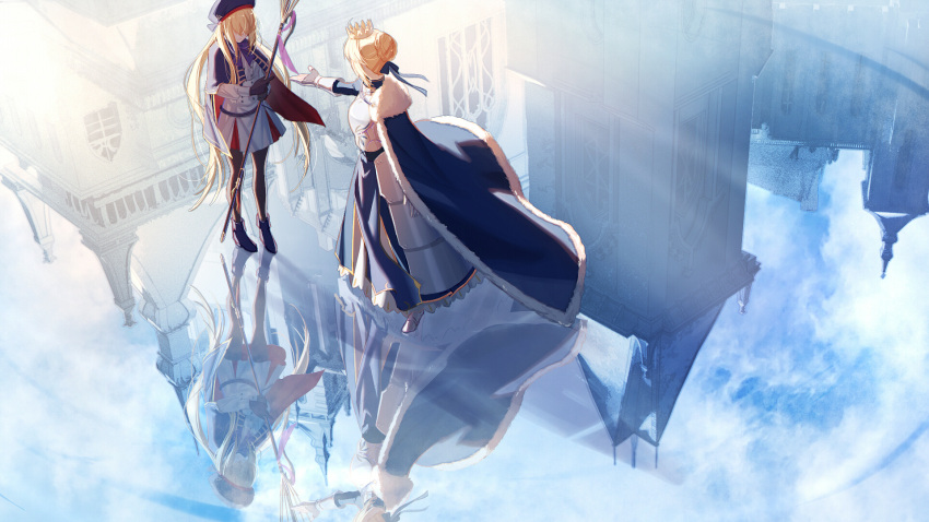 2girls armor armored_dress artoria_pendragon_(caster)_(fate) artoria_pendragon_(fate) bangs blonde_hair blue_bow blue_cape blue_cloak blue_dress blue_headwear blue_ribbon bow braid braided_bun buttons cape cloak commentary crown dress fate/grand_order fate_(series) full_body fur-trimmed_cape fur_trim gloves hair_ribbon hat highres holding holding_staff long_hair long_sleeves miniskirt multiple_girls outstretched_hand pantyhose reflection reflective_water ribbon saber shoes sidelocks skirt staff twintails very_long_hair water_surface white_dress xing_muhen