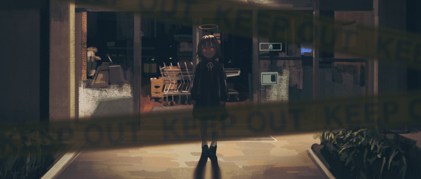 1girl black_dress black_footwear brown_hair building caution_tape closed_mouth commentary daruma_karei dress english_commentary expressionless full_body grass halo highres looking_at_viewer night orange_eyes original outdoors pantyhose shadow shopping_cart short_hair solo standing white_legwear