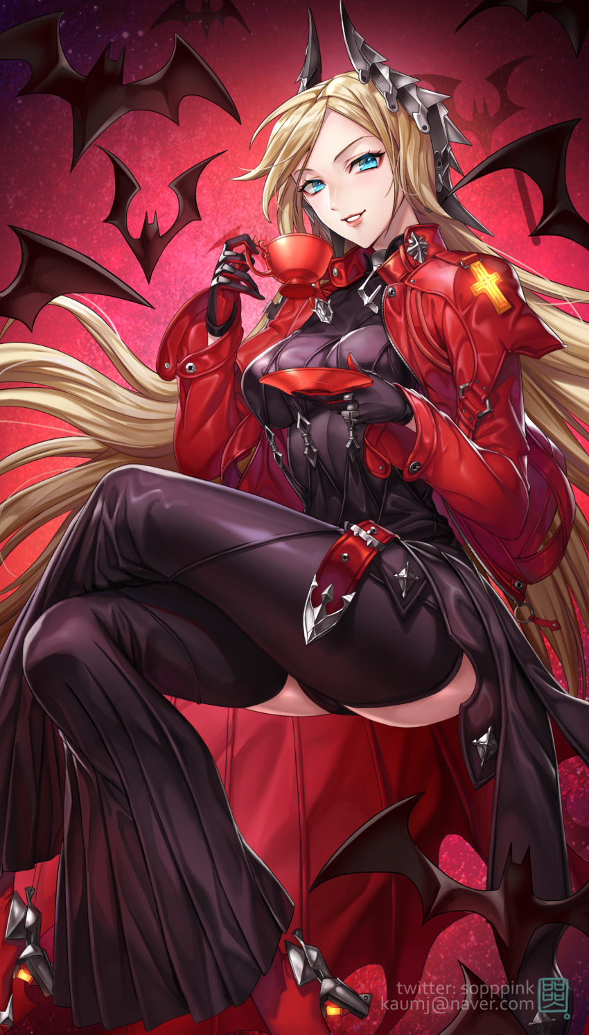 1girl absurdres alchemy_stars bat belt black_gloves blonde_hair blue_eyes box_(hotpppink) breasts crossed_legs cup detached_pants gloves grin high_heels highres horns jacket long_hair looking_at_viewer saucer smile solo very_long_hair victoria_(alchemy_stars)