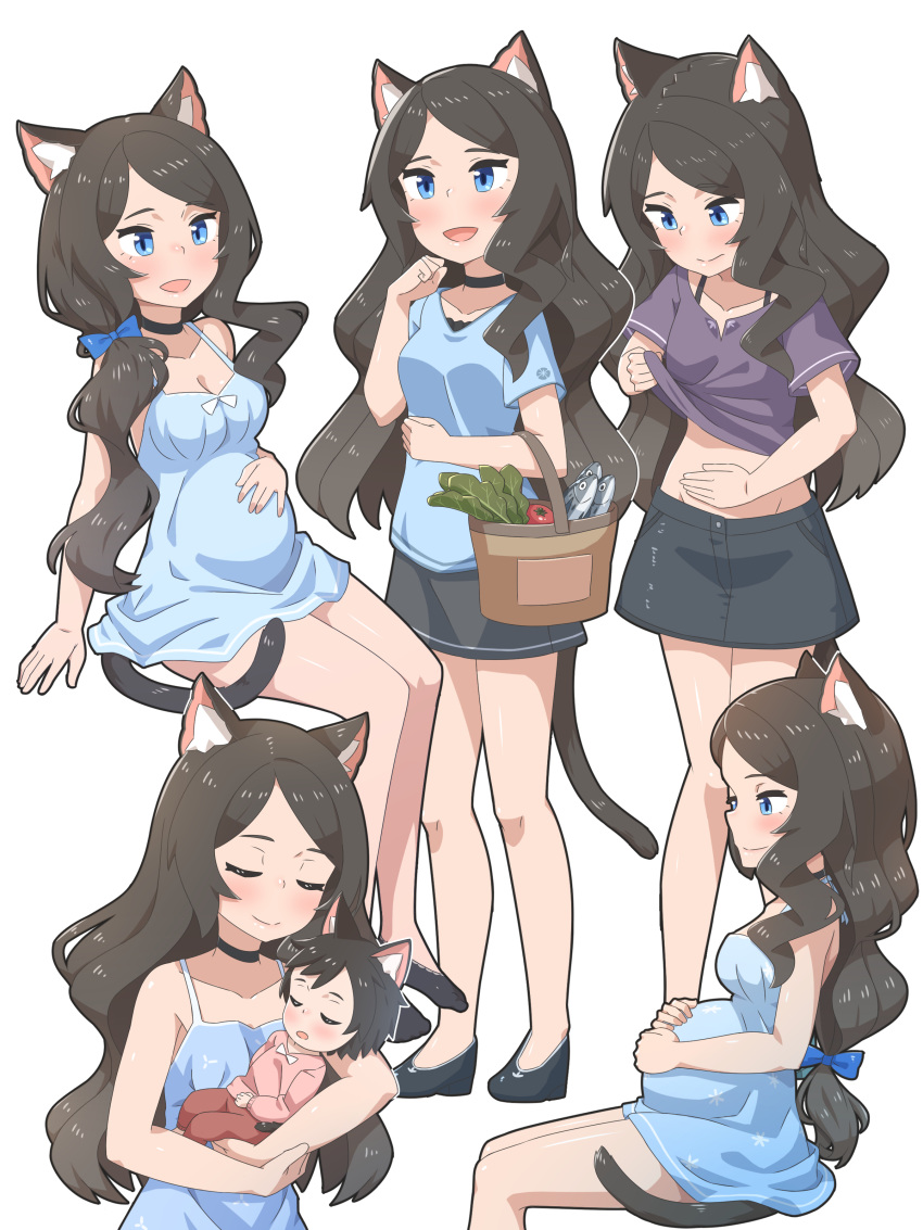 1girl :d absurdres animal_ear_fluff animal_ears baby basket black_choker black_footwear blue_bow blue_eyes blush bow brown_hair camisole cat_ears cat_tail choker closed_mouth clothes_lift fish hair_bow hand_up high_heels highres invisible_chair lifted_by_self long_hair midriff multiple_views nekoze_(s22834712) open_mouth original pregnant purple_shirt shirt shirt_lift sitting smile tail tu_ya_(nekoze) very_long_hair