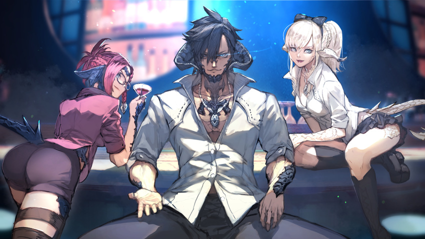 1boy 2girls ass au_ra bangs bar_stool bent_over black_bow black_footwear black_hair black_legwear black_pants black_skirt blurry blurry_background bow cocktail_glass collared_shirt cup dragon_horns dragon_tail dress_shirt drinking_glass english_commentary final_fantasy final_fantasy_xiv glasses hair_bow hide_(hideout) highres holding holding_cup horns indoors jewelry kneehighs leaning_on_table looking_at_viewer multiple_girls necklace open_mouth pants pink_hair pink_shirt pleated_skirt ponytail purple_shorts scales shirt shoes shorts sitting skirt sleeves_rolled_up smile smirk stool tail white_hair white_shirt wing_collar