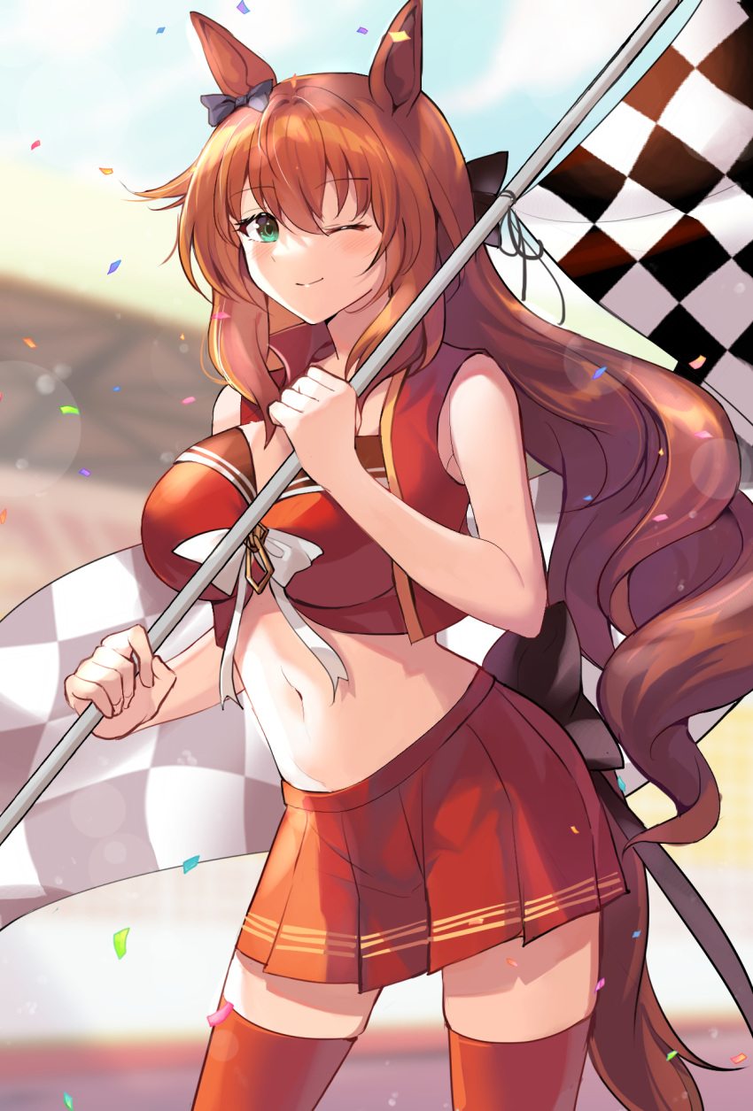1girl adapted_costume alternate_costume animal_ears aqua_eyes black_bow blue_sky blush bow breasts brown_hair checkered checkered_flag clouds day ear_bow flag hair_bow highres holding holding_flag horse_ears horse_girl horse_tail large_breasts long_hair looking_at_viewer maruzensky_(umamusume) midriff navel oenothera one_eye_closed outdoors racequeen red_legwear red_shirt red_skirt red_vest shirt skirt sky sleeveless sleeveless_shirt smile solo stadium tail thigh-highs umamusume very_long_hair vest wavy_hair white_bow