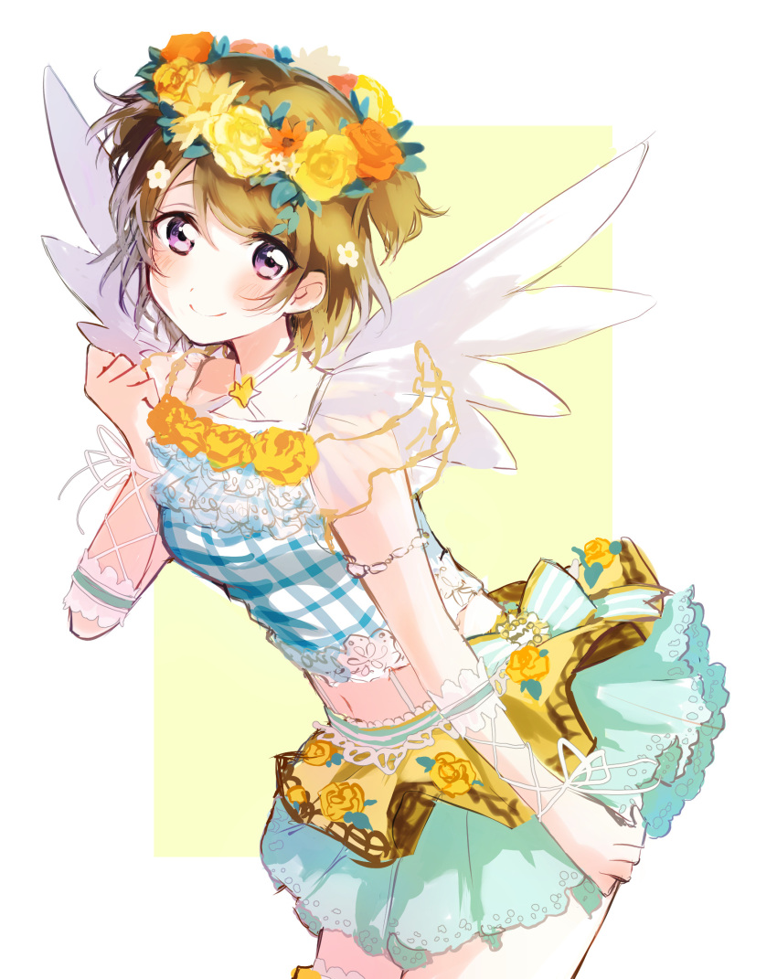 1girl angel_wings aqua_skirt brown_hair closed_mouth cowboy_shot criss-cross_halter crop_top flower hair_flower hair_ornament halterneck head_wreath highres koizumi_hanayo leaning_forward looking_at_viewer love_live! love_live!_school_idol_project midriff miniskirt naarann navel orange_flower pleated_skirt ribbon rose short_hair sketch skirt smile solo standing stomach suspender_skirt suspenders two-tone_background two_side_up violet_eyes white_background white_ribbon white_wings wings yellow_background yellow_flower yellow_rose